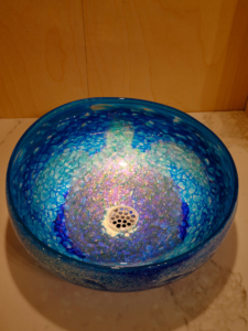 Moana Blue Sink with Dichroic Sea Turtle <br>18-19″ +/- 1″ diameter by 6-7″ +/- 1″ deep