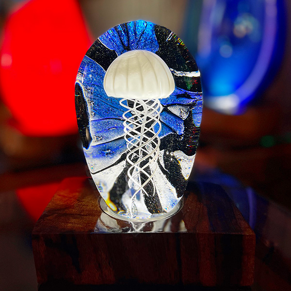 <p>Medium Jellyfish<br>Dim: 6” tall x 4 1/4” wide<br> Retail Price: $1,998.00<br>These are one-of-a-kind pieces. Pictured is the actual art you’ll receive</p>
