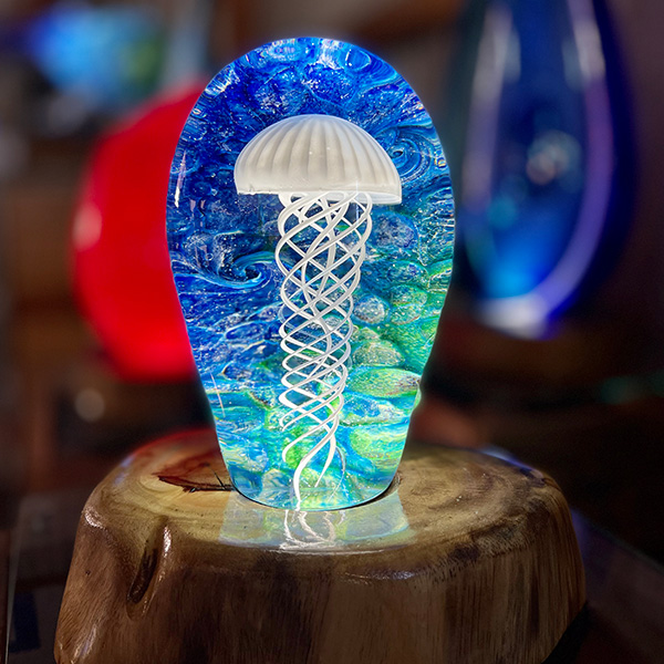 <p>Medium Jellyfish<br>Dim: 7.5” tall x 5” wide<br> Retail Price: $2,049.00<br>These are one-of-a-kind pieces. Pictured is the actual art you’ll receive</p>