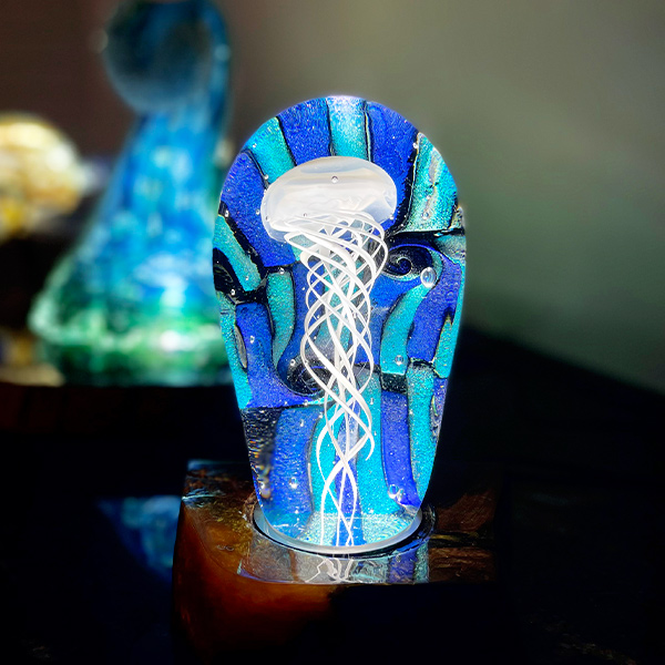 <p>Medium Jellyfish<br>Dim: 6.5” tall x 3.75” wide x 2.75” depth<br> Retail Price: $2,200.00<br>These are one-of-a-kind pieces. Pictured is the actual art you’ll receive</p>