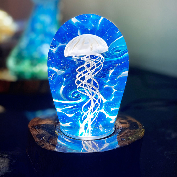 <p>Small Jellyfish<br>Dim: 5.5” tall x 3.5” wide x 2.25” depth<br> Retail Price: $800.00<br>These are one-of-a-kind pieces. Pictured is the actual art you’ll receive</p>