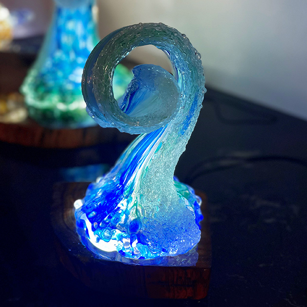 <p>Large Wave<br>Dim: 8” tall x 5.5” wide x 5” depth<br> Retail Price: $800.00<br>These are one-of-a-kind pieces. Pictured is the actual art you’ll receive</p>